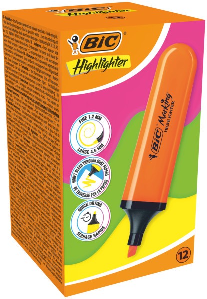 Pennarello Piatto Fluorescente Bic Marking Evidenziatore - Punta a Scalpello - Tratto tra 170 e 480 mm - Inchiostro a Base Acqua - Colore Arancione