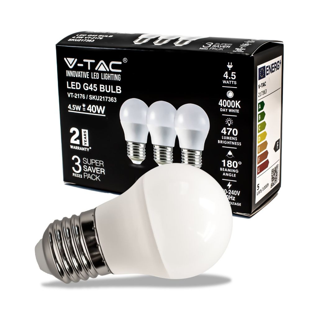 V-TAC Lampadina LED E27 45W G45 4000K (Box 3 pezzi)