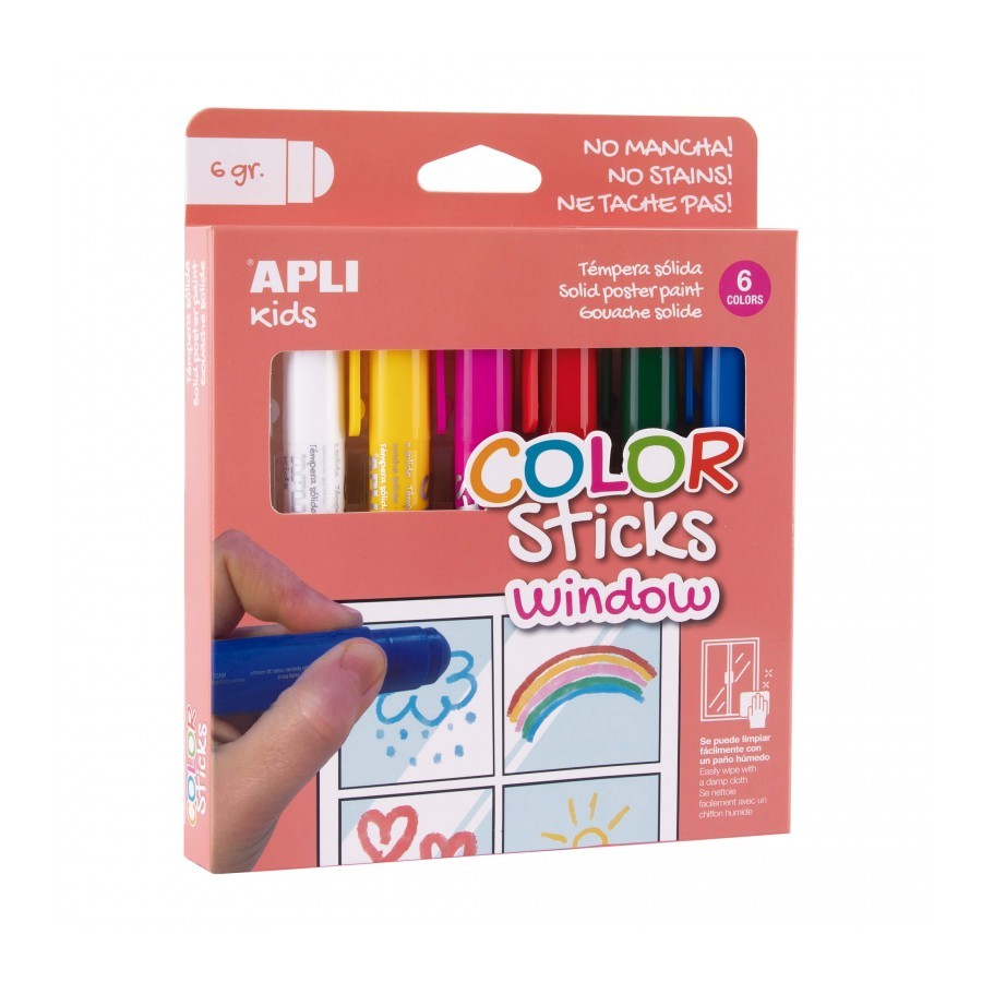 Apli Kids Color Sticks Window Pack 6 Tempere Solide 6gr - Speciali per Disegnare e Dipingere su Vetro - Facile Pulizia - Colori Assortiti