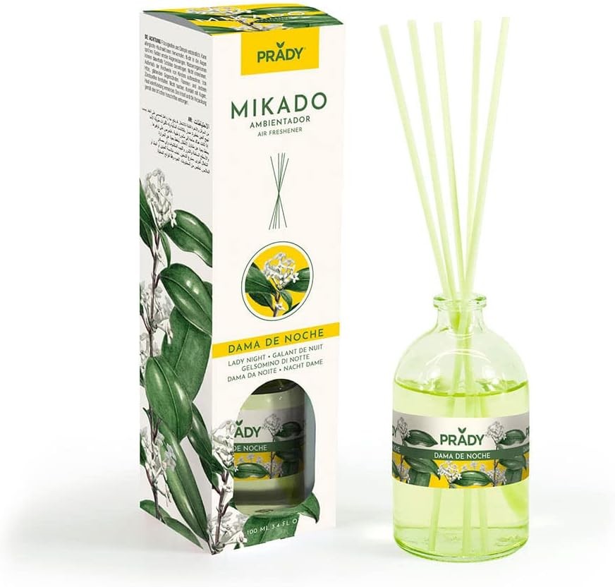 Prady Mikado Dama de Noche Deodorante per ambienti - Bottiglia di vetro da 100 ml e bacchette diffusore