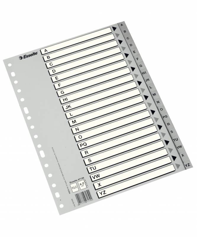 Esselte Alfabeti in plastica con copertina A4 - PP - Tipo AZ - Cartoncino: cartoncino bianco e nero grigio - Colore grigio