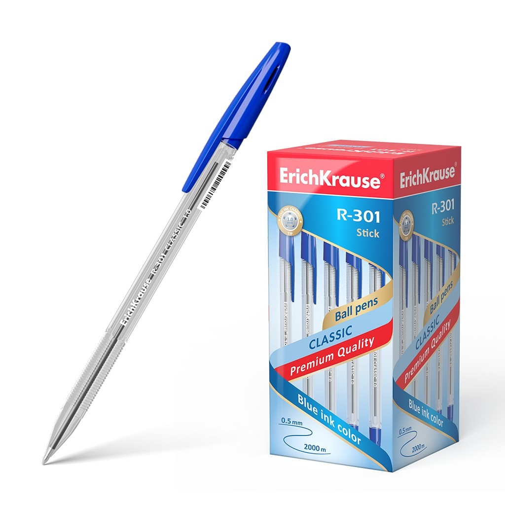 ErichKrause Penna a sfera R-301 Classic Stick 1.0 - Corpo esagonale trasparente - Punta da 10 mm - Inchiostro ad asciugatura rapida - Colore blu