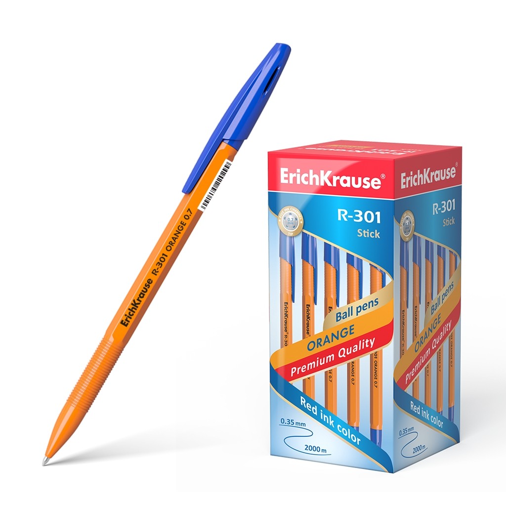 ErichKrause Penna a sfera R-301 Bastone arancione 07 - Corpo esagonale opaco - Punta 07 mm - Inchiostro ad asciugatura rapida - Colore blu
