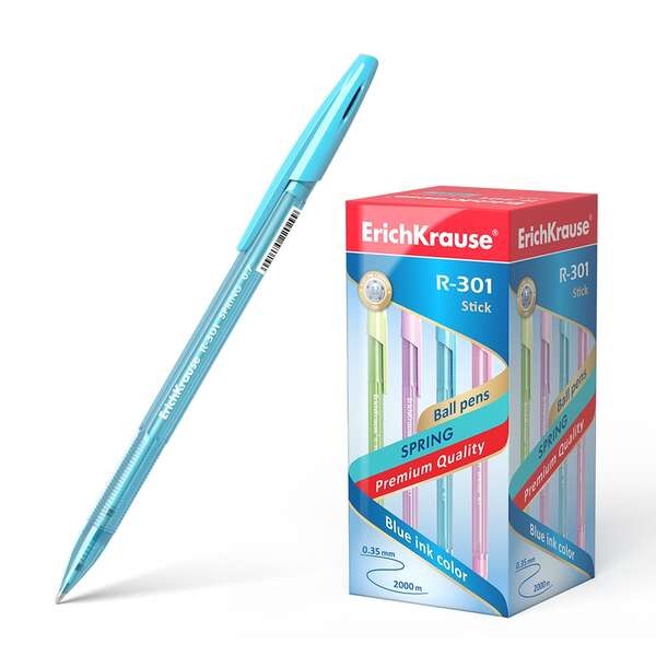 ErichKrause Penna a sfera R-301 Spring - Punta da 07 mm - Corpo traslucido in colori assortiti - Inchiostro ad asciugatura rapida - Blu