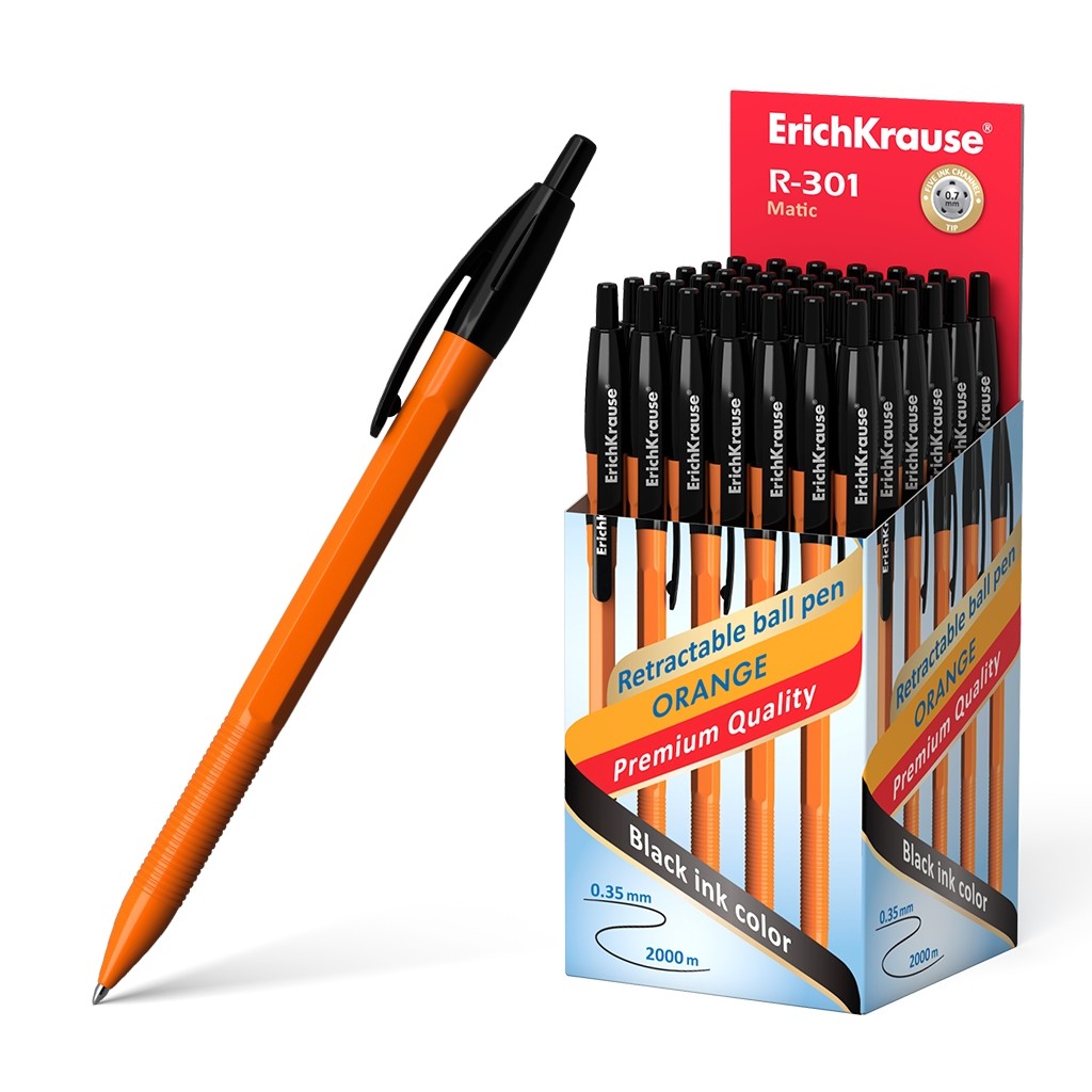 Penna automatica Erichkrause R-301 Orange Matic 07 - Corpo esagonale opaco - Impugnatura - Punta 07 mm - Inchiostro ad asciugatura rapida - Colore nero