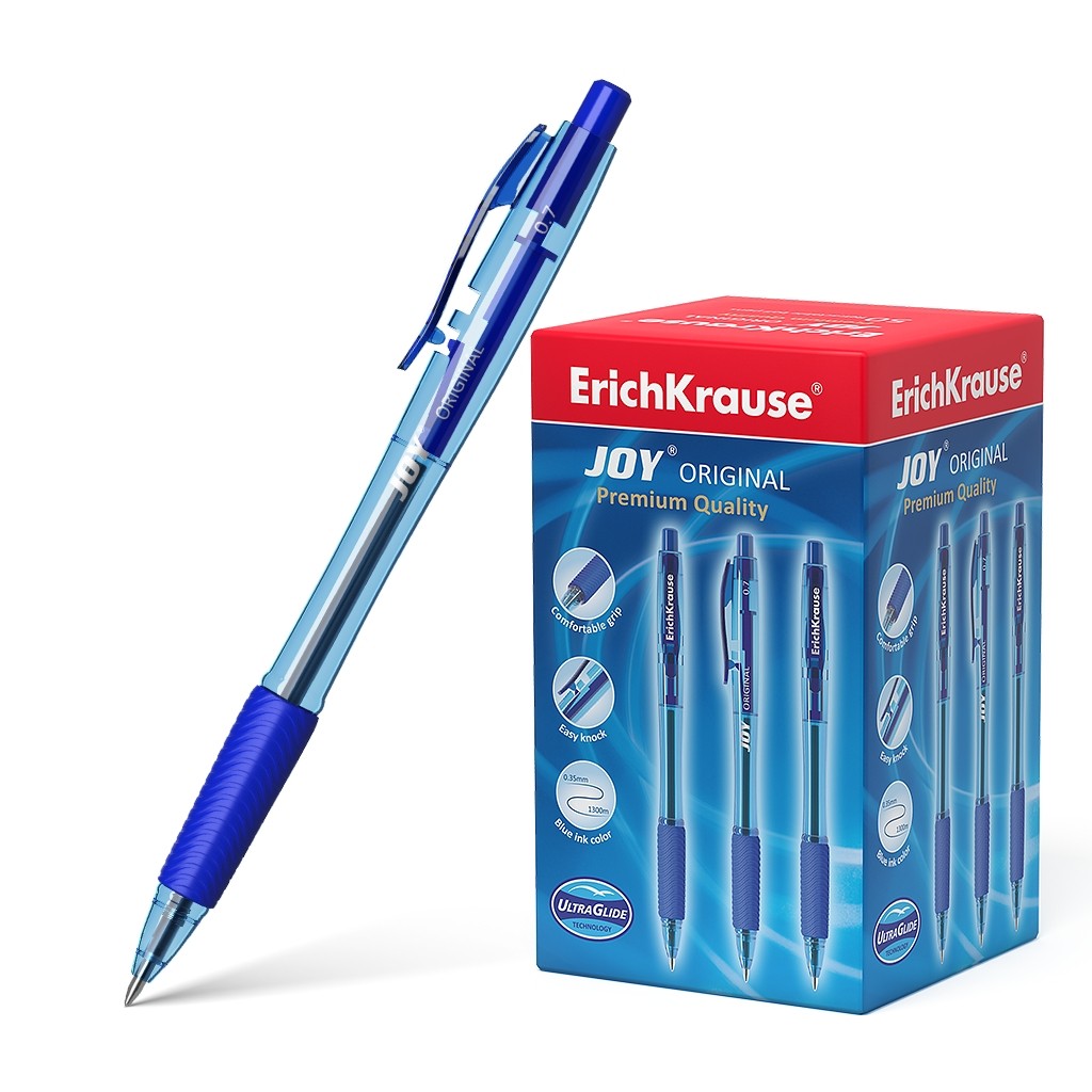 Penna automatica originale Erichkrause Joy - Tecnologia Ultra Glide - Corpo rotondo traslucido - Punta da 07 mm - Inchiostro a bassa viscosità - Colore blu