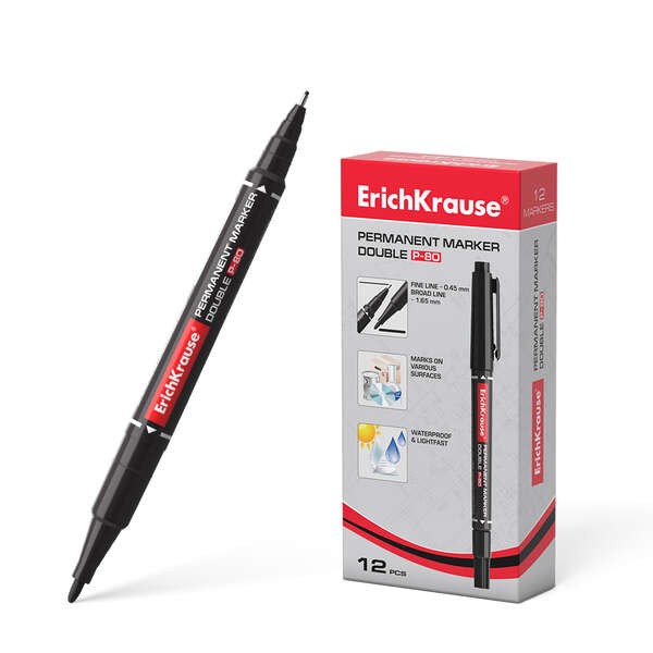 Erichkrause Double P-80 Pennarello permanente bifacciale - Universale e Fineliner 2 in 1 - Inchiostro a base alcolica resistente all'acqua e ai raggi UV - Asciugatura rapida - Non tossico - Durata di conservazione di 5 anni - Colorato