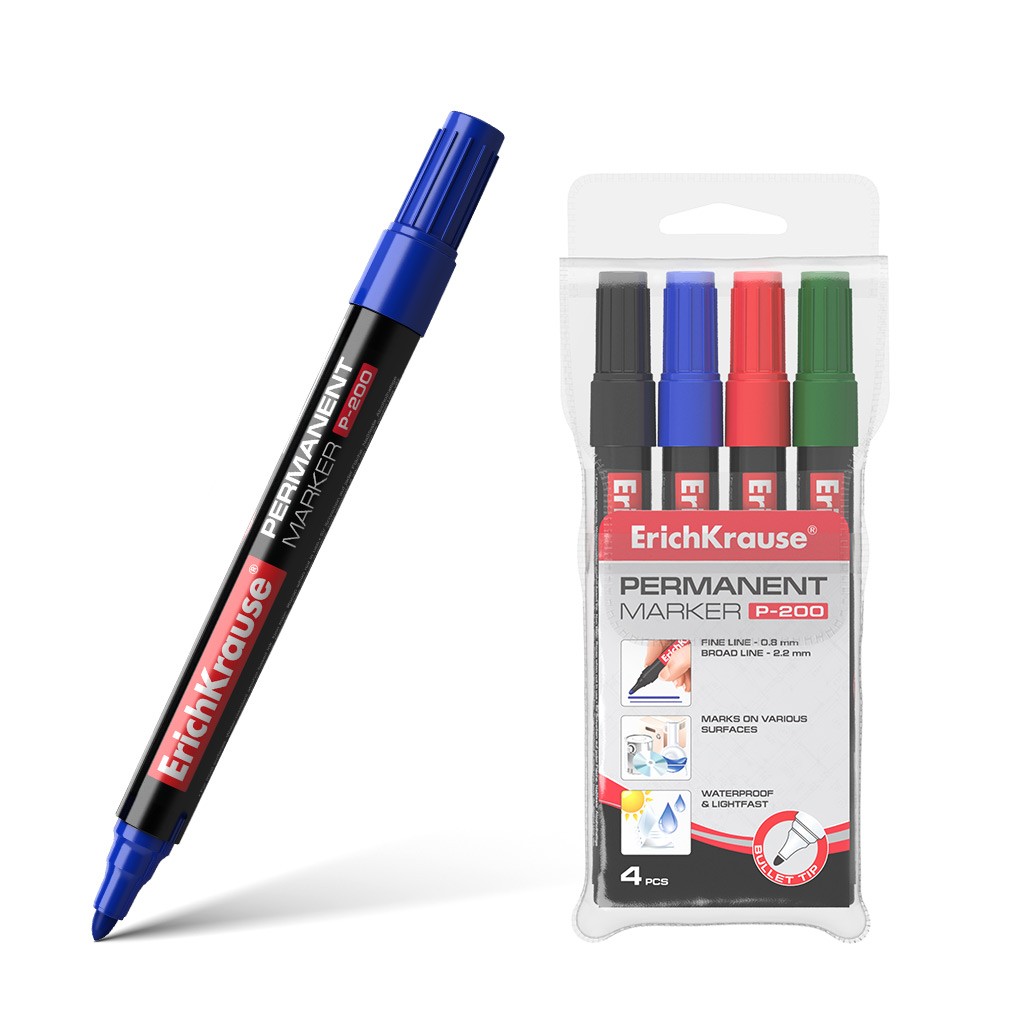 Erichkrause Confezione da 4 Pennarelli Indelebili P-200 - Punta a forma di proiettile - Resistente ai danni e all'abrasione - Larghezza di scrittura da 08 a 22 mm - Nero Blu Verde Rosso