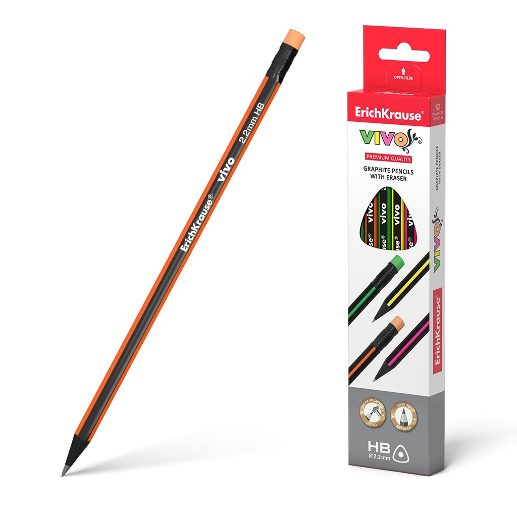 Erichkrause Vivo HB - Matita triangolare in grafite con gomma - Legno selezionato - Elevata resistenza agli urti - Facile da temperare - La mina non graffia la carta - Gomma di durezza media - Colore nero