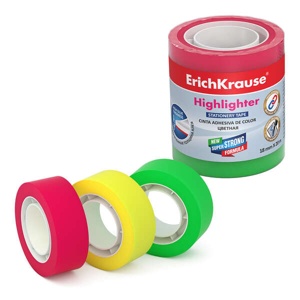 Erichkrause Evidenziatore Confezione da 3 Nastri Adesivi - Misure 18 mm x 20 m - Colori Giallo Verde e Rosa Fluorescente