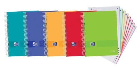 Oxford Europeanbook 8 Live & Go Pacchetto di 5 notebook a spirale A4+ formato quadrati 5x5mm - 160 fogli micro -perforati con 4 fori - Copertura in plastica - 8 fasce di colore - Colori assortiti
