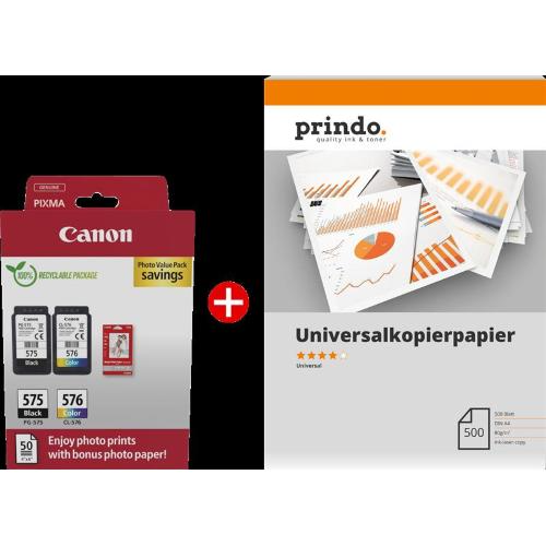 ORIGINALE Canon Value Pack nero / differenti colori / Bianco / Bianco PG-575+CL-576 MCVP + Prindo Universal Papier 500 Blatt 200 pagine