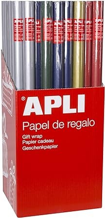 Espositore Apli da 55 Rotoli di Carta Regalo Kraft - 11 Rotoli per Colore - Misure Rotoli 070x2m - Colori Blu Scuro Verde Scuro Rosso Oro e Argento