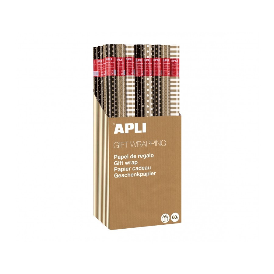 Espositore Apli da 55 rotoli di carta regalo Kraft in bianco e nero - 11 rotoli per colore - Misure rotolo 070x2 m - 5 disegni