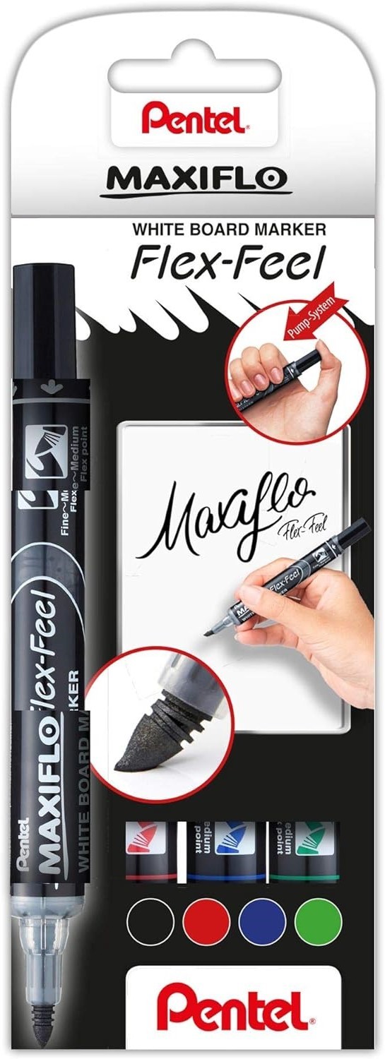 Pentel Maxiflo Flex-Feel Confezione da 4 Pennarelli per Lavagna - Punta Flessibile 46 mm - Erogazione Inchiostro tramite Stantuffo - Colori Nero Blu Rosso e Verde