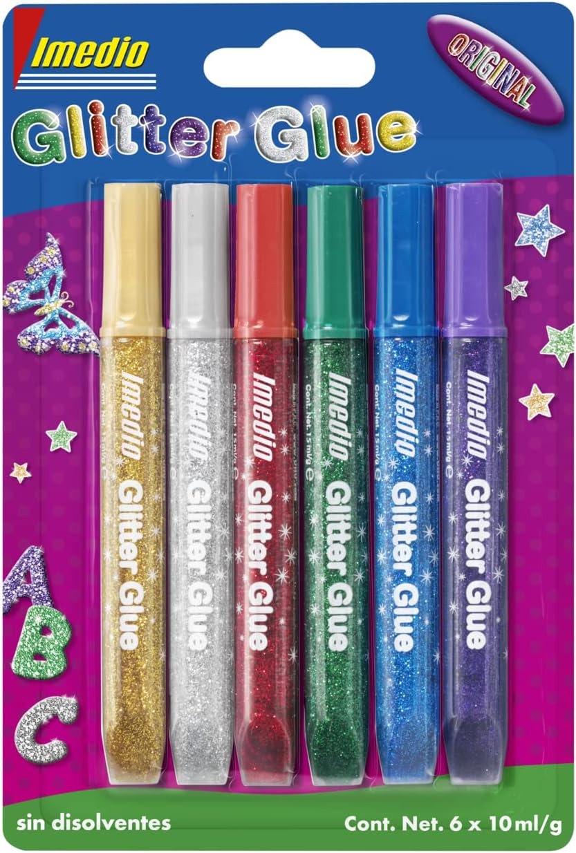 Imedio Colla Glitter Originale Confezione da 6 Tubi di Colla Glitter da 10ml - Per Diversi Materiali - Tubo Extra Morbido - Ugello di Precisione - Senza Solventi - Colori Assortiti