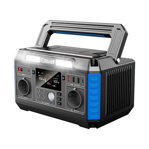 Generatore di corrente portatile Elbat - 600 W - Batteria al litio - Display LED - Ricarica solare - Accessori inclusi - Porte di uscita USB e CC - Colore nero