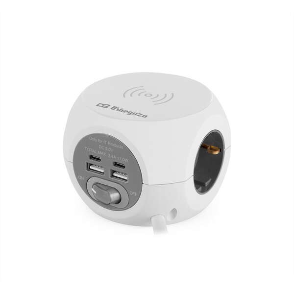 Orbegozo EN 4500 8 in 1 Spina di ricarica wireless veloce - 3 prese VDE con messa a terra - 2 USB - 2 USB-C - Cavo da 15 m - Interruttore on/off Ideale per i viaggi