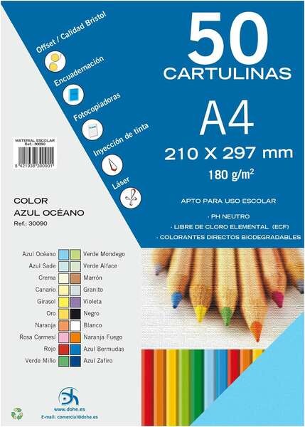 Dohe Confezione da 50 Cartoncini A4 180 g/m² - Adatti alla Stampa - PH Neutro - Privi di Cloro Elementare - Colore Blu Oceano