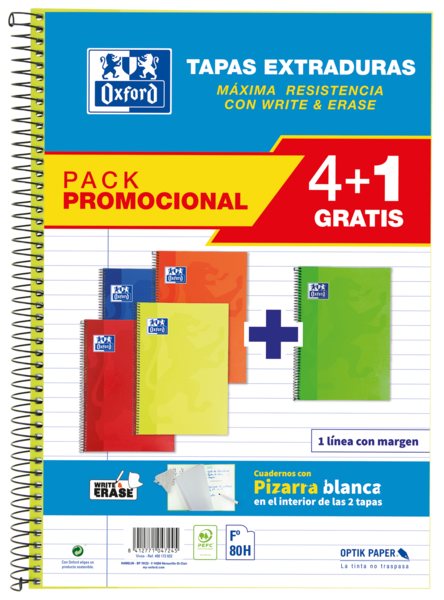 Oxford School Classic Write&Erase Pack 4+1 Fº - Quaderno a spirale - Copertina extra rigida - 1 riga con margine - 80 fogli - Colori assortiti