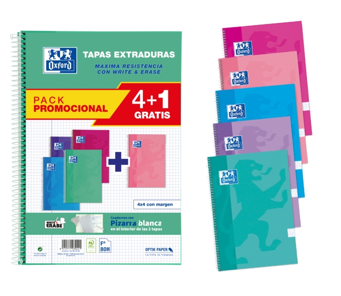 Oxford School Write&Erase - Confezione da 4+1 quaderni a spirale 80 fogli griglia 4x4 con margine - Copertina extra rigida - Colori assortiti