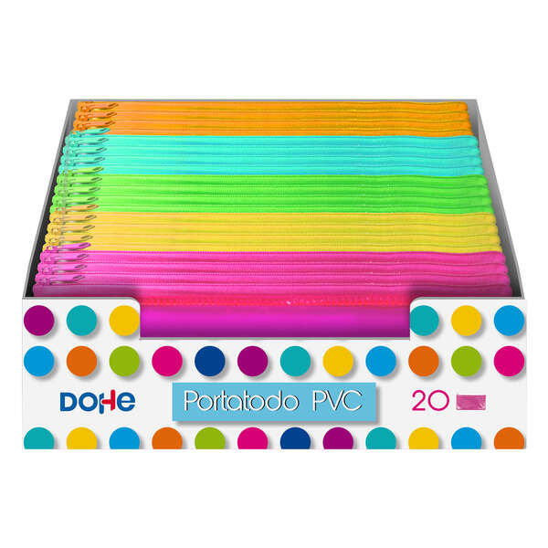 Espositore Dohe con 20 astucci semplici e piatti - Realizzato in PVC trasparente da 280 micron - Chiusura con cerniera - Colori assortiti