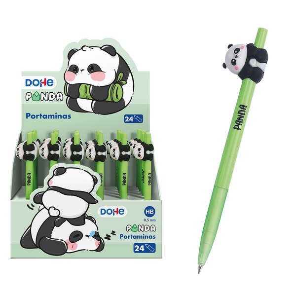 Espositore per matite meccaniche Dohe da 24 pezzi da 05 mm - Impugnatura in gomma - Corpo verde e decorato con un orso panda