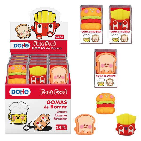 Espositore Dohe da 24 gomme da cancellare in PVC a forma di cibo - Soft Touch - Confezionate singolarmente