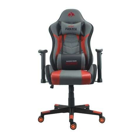 Sedia da gaming Cromad Serie Phoenix - Altezza Regolabile con Pistone a Gas Classe 2 - Reclinabile fino a 180º - Cuscini Lombari e Cervicali - Colore Grigio/Rosso/Nero