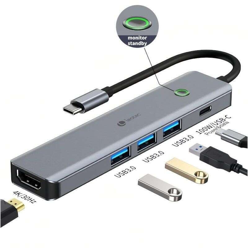Leotec 5 in 1 da USB-C a 1xHDMI 3xUSB-A 3.0 1xPD 100W+adattatore USB-C - Grigio
