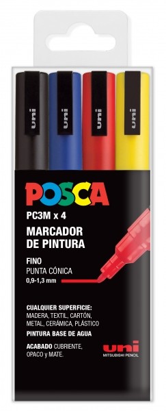 Posca PC3M Confezione da 4 pennarelli a vernice - Punta conica 09-13 mm - Inchiostro a base d'acqua - Resistente alla luce - Non permanente - Ideale per segnaletica e decorazione - Colori nero blu rosso e giallo