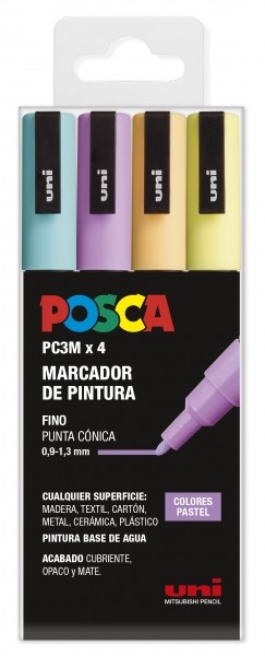 Posca PC3M Confezione da 4 pennarelli a vernice - Punta conica 09-13 mm - Inchiostro a base d'acqua - Resistente alla luce - Non permanente - Ideale per segnaletica e decorazione - Colori pastello assortiti