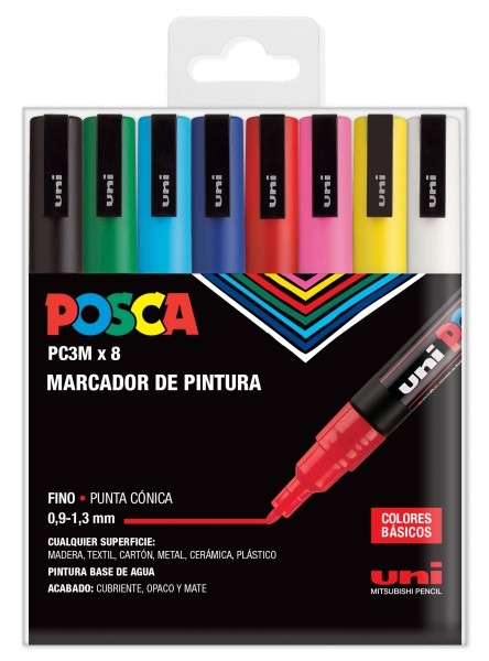 Posca PC3M Confezione da 8 pennarelli a vernice - Punta conica 09-13 mm - Inchiostro a base d'acqua - Resistente alla luce - Non permanente - Ideale per segnaletica e decorazione - Colori assortiti