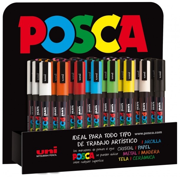 Espositore da 36 pennarelli a vernice Posca PC3M - Punta conica in poliestere da 09-13 mm - Inchiostro a base d'acqua - Resistente alla luce - Non permanente - Colori assortiti