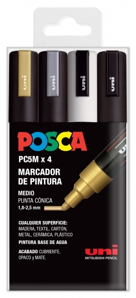 Posca PC-5M Confezione da 4 pennarelli a vernice - Punta tonda 18-25 mm - Inchiostro a base d'acqua - Non permanente - Resistente alla luce - Colori oro argento bianco e nero