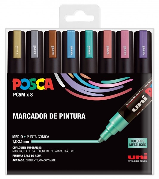 Posca PC-5M/8C Estuche de 8 Marcadores de Pintura - Punta de Bala 1.8-2.5mm - Tinta Base al Agua - Resistente a la Luz - No Permanente - Color Surtido