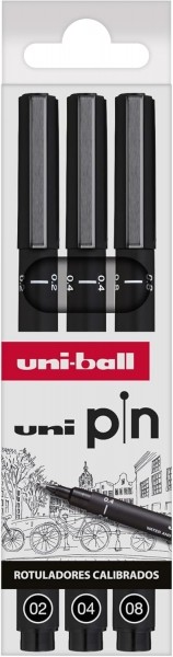 Uni-ball Uni Pin Confezione da 3 pennarelli calibrati 02 04 08 - Punta in poliacetale - Inchiostro pigmentato resistente all'acqua e alla luce - Colore nero
