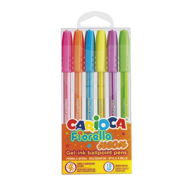Carioca Fiorella Neon Confezione da 6 penne colorate a inchiostro gel - Punta a sfera da 1 mm - Corpo trasparente fluo - Colori neon assortiti