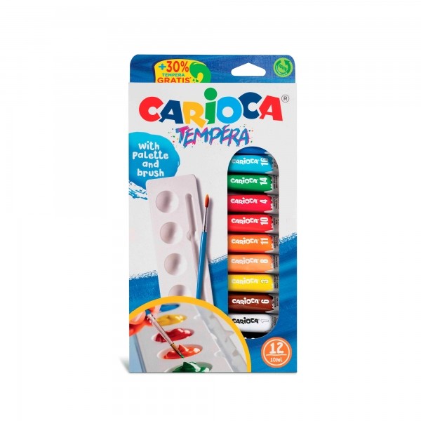 Carioca Confezione da 12 Tubetti Tempera - Include Pennello e Palette - Colori Super Lavabili - Alto Potere Coprente - Applicabile su Materiali Porosi - Confezione 100% Riciclabile - Vari Colori