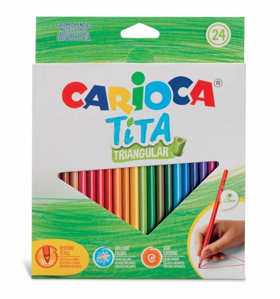 Carioca Tita Pack de 24 Lapices Triangulares - Cuerpo Triangular - Colores Brillantes y Lavables - Escritura Blanda - Mina Ø 3mm Segura y Resistente - No Se Astilla si Se Rompe - Color Varios