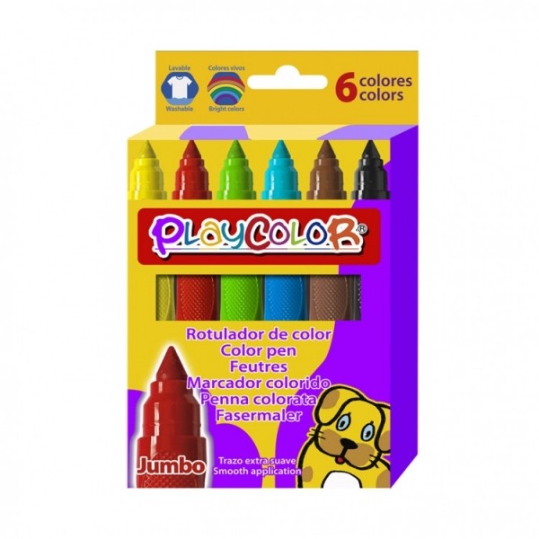 PlayColor Jumbo Basic Pack da 6 pennarelli a punta spessa extra morbida - Affidabili e sicuri - Punta bloccata - Cappuccio ventilato - Lavabili - Colori assortiti
