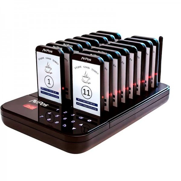 AVPos AVP-AC-T16 Customer Pager - Base di ricarica - 16 unità - Portata 350/500 m - 200 Mah - Colore nero