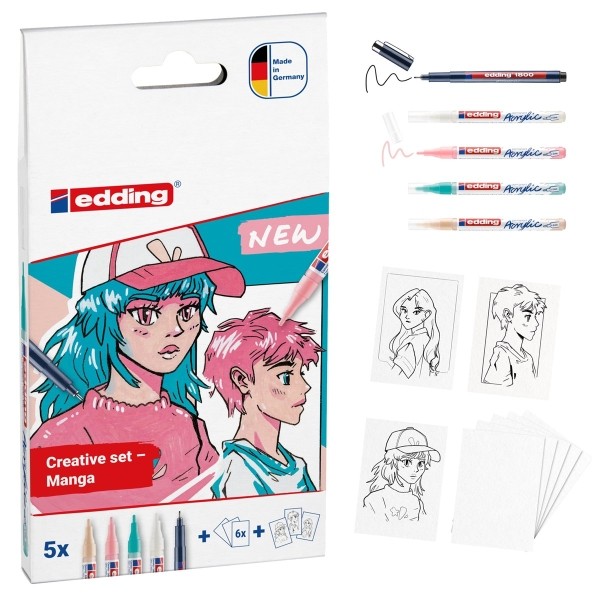 Edding Acrylic Manga Set Confezione da 4 pennarelli 5300 + 1 pennarello 1800 + 6 carte vuote + 3 modelli + 1 libretto con istruzioni - Colori assortiti