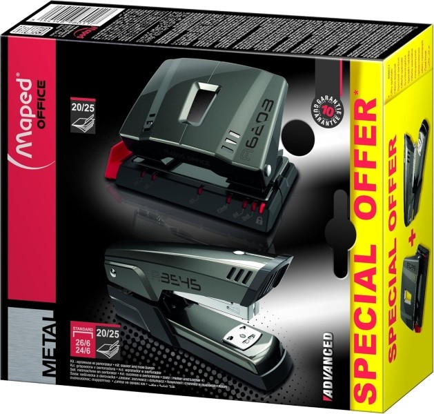 Maped A3545 Metal Stapler + A6203 Metal Drill Pack - Graffetta fino a 25 fogli alla volta - Supporta graffette 24/6 e 26/6 - Perfora fino a 25 fogli - Grigio scuro