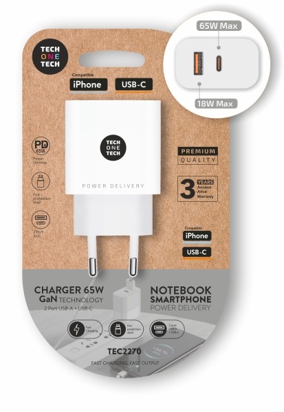 Caricabatterie da muro TechOneTech 65W PD con 1 porta USB-C + 1 porta USB-A