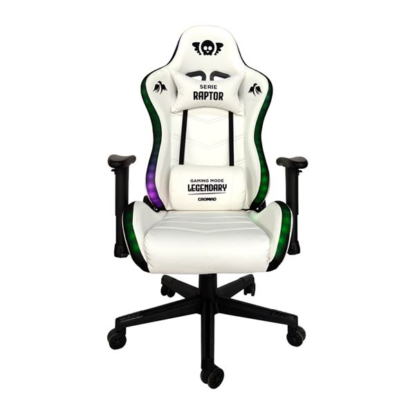 Sedia da gaming Cromad Raptor Legendary Series - Altezza regolabile con pistone a gas di classe 2 - Inclinazione fino a 180° - Cuscini lombari e cervicali - Ruote in nylon da 60 mm - Illuminazione RGB - Bianco