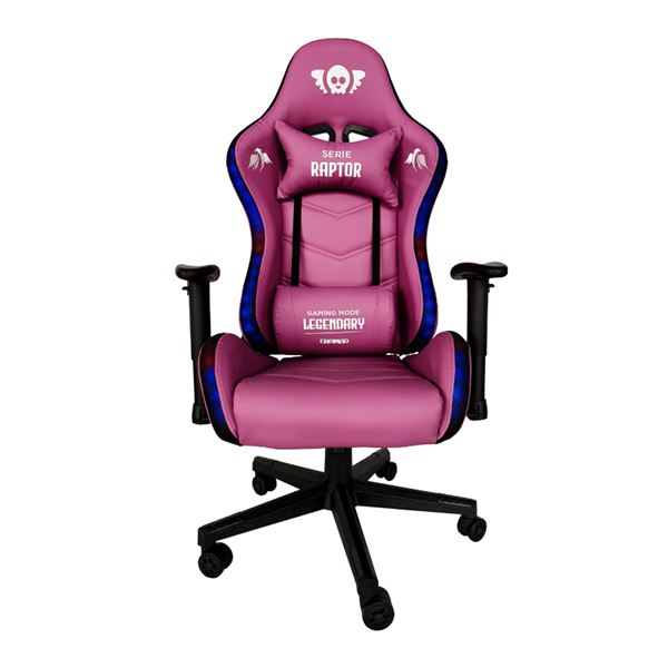 Sedia da gaming Cromad Raptor Legendary Series - Altezza regolabile con pistone a gas di classe 2 - Inclinazione fino a 180° - Cuscini lombari e cervicali - Ruote in nylon da 60 mm - Illuminazione RGB - Colore viola
