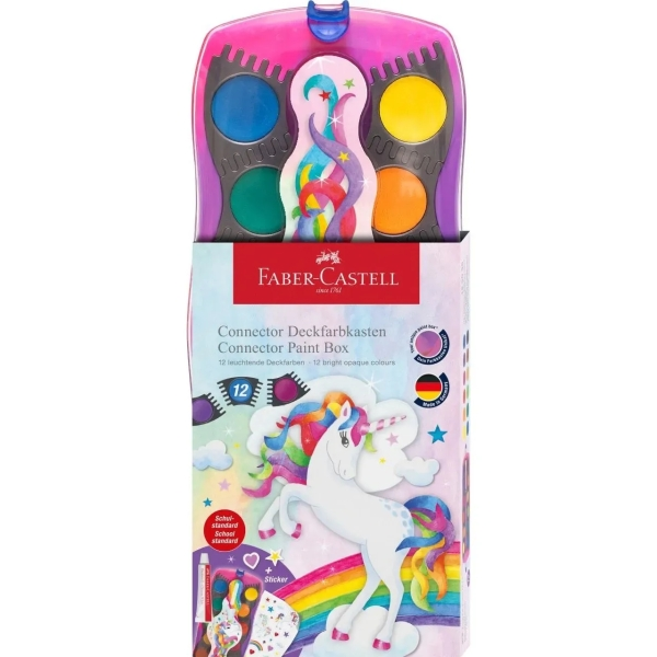 Faber-Castell Connector Unicorn confezione da 12 acquerelli + vernice bianca opaca + adesivi - Alta opacità - Facilmente miscelabili - Colori assortiti