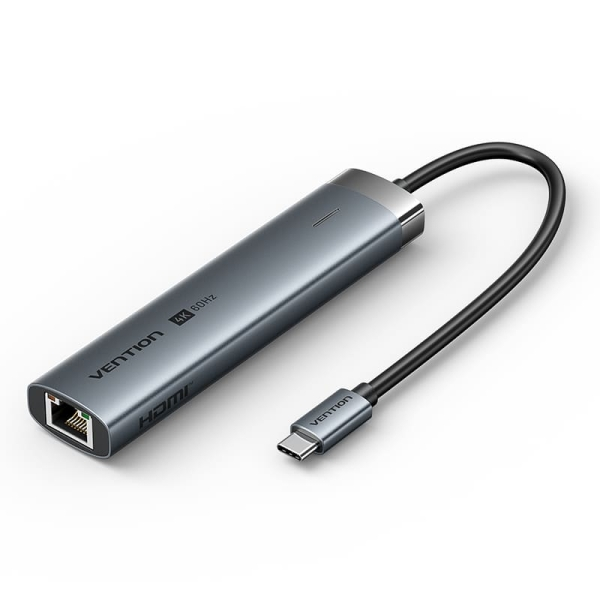 Vention Docking Station 6 en 1 USB-C a HDMI/3xUSB3.0/USB-C 3.2 G1/RJ45/PD 100W - 0.15m - Color Gris