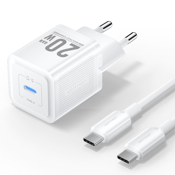 Caricabatterie da muro Vention GaN USB-C 20W - Cavo USB-C da 1 m - Bianco